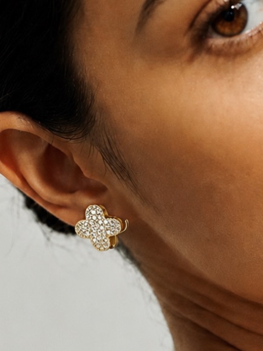 Gold Quatrefoil CZ Paved Huggie Earrings (4528)